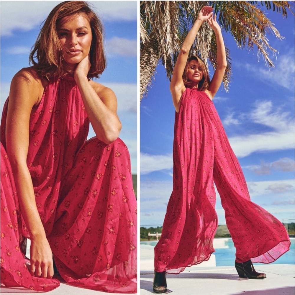 Free People Pink Boho Flowy Bow Jumpsuit C3‎